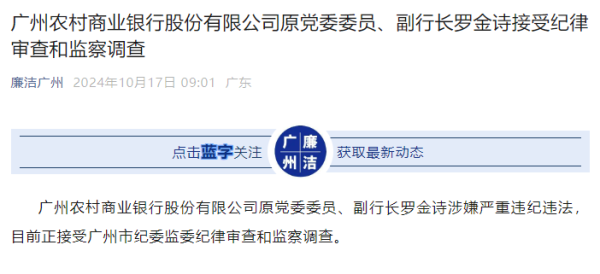 广州农村生意银行股份有限公司原党委委员、副行长罗金诗领受审查